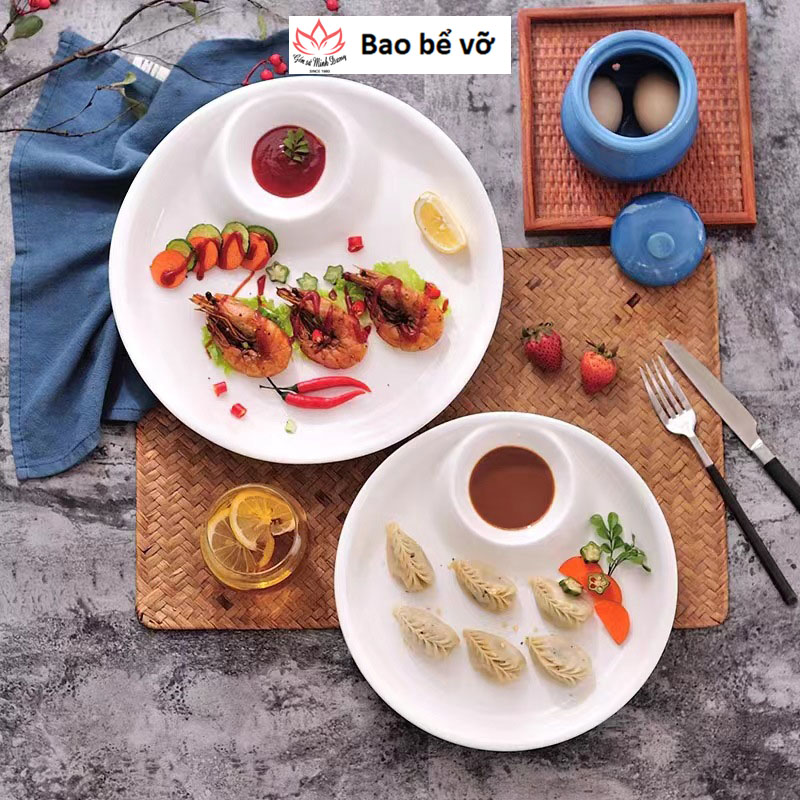 Đĩa có bát chấm, đĩa sứ 2 ngăn có khay chấm,đĩa sứ đôi,đĩa phong cách, đĩa decor,đĩa đựng susi,đĩa ăn sáng, đĩa bày tiệc, đĩa bày tết
