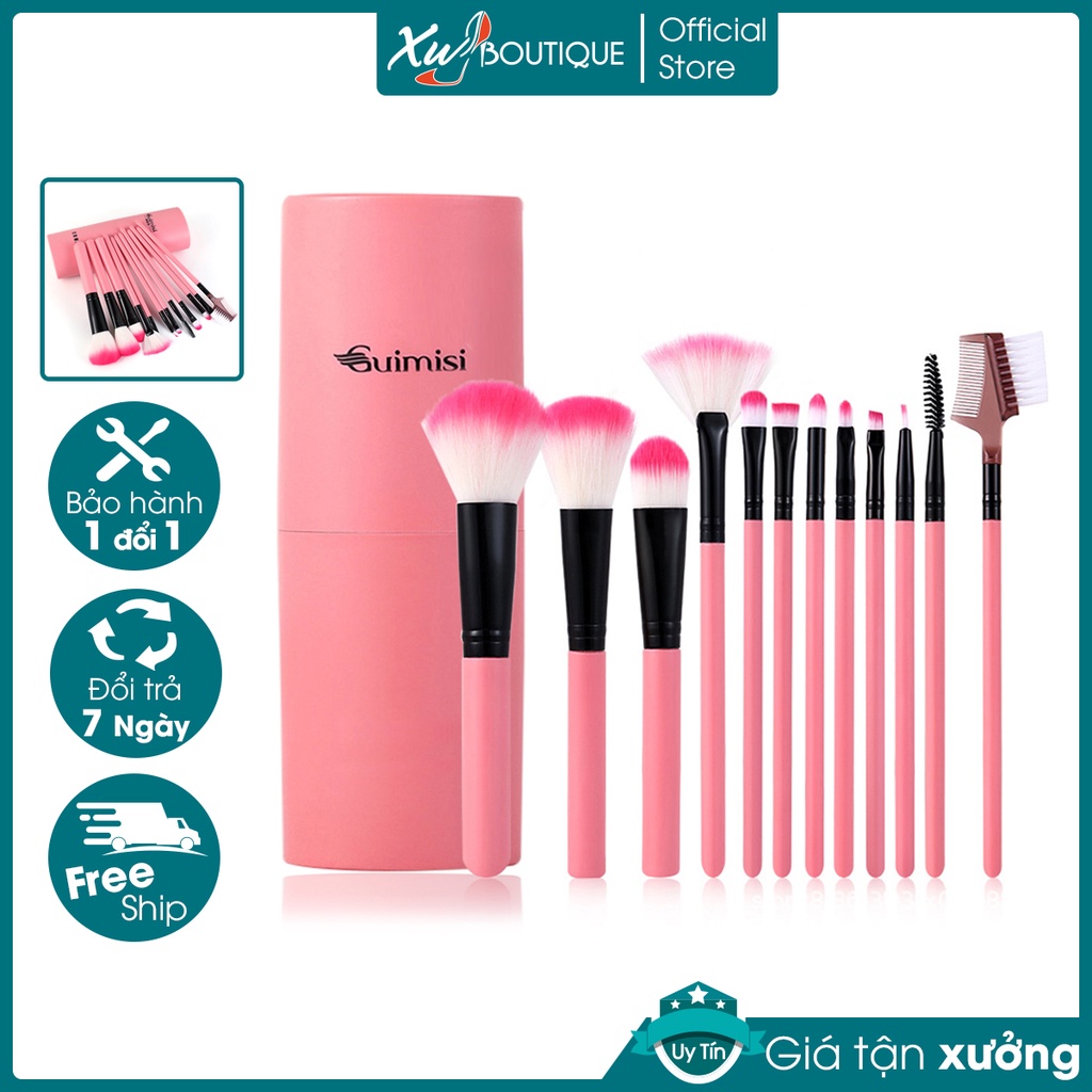 Bộ Cọ Trang Điểm Tán Nền Phủ Phấn Đánh Mắt Khói Vẽ Mắt và Cọ Môi Guimisi 12 Món Có Hộp Đựng