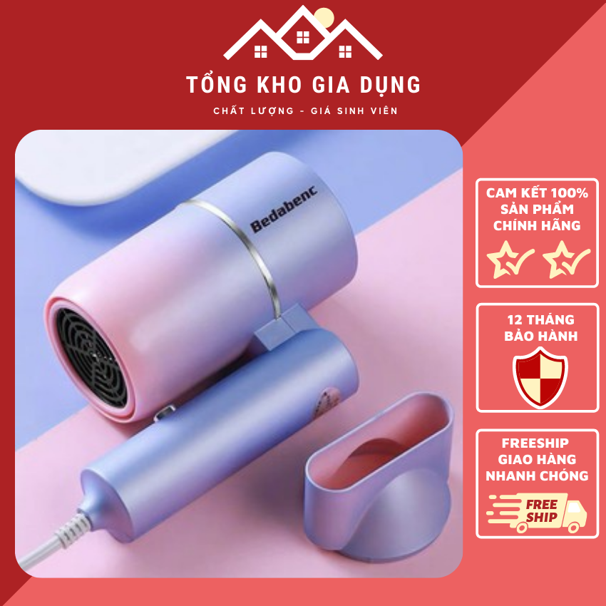 Máy Sấy Tóc Mini Bedabenc Gấp Gọn Cầm Tay Cao Cấp 2 Tốc Độ, Tạo Mẫu tóc Chuyên Nghiệp, Bảo Hành 12 Tháng DHome - Tổng Kho Gia Dụng