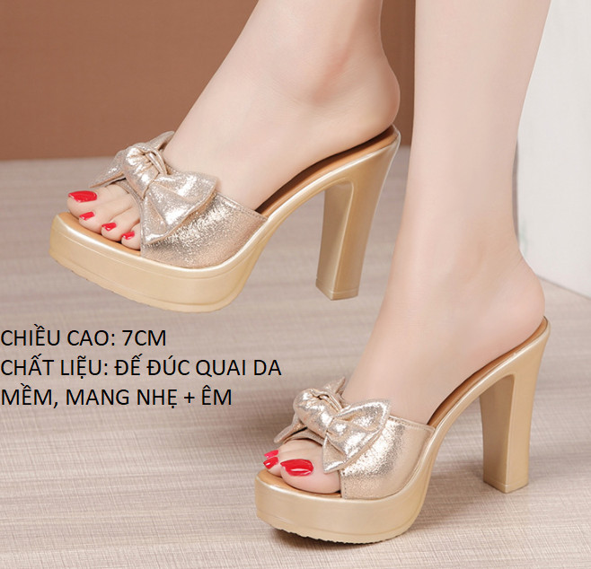 Dép cao gót nơ nhũ 7f