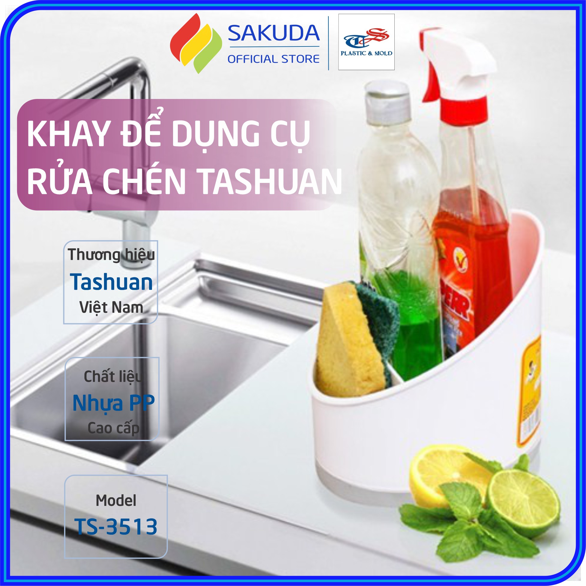 Khay để vật dụng rửa chén, rổ đựng dụng cụ rửa chén tashuan ts-3513 - chất liệu nhựa pp cao cấp, nhỏ gọn có lỗ thoát nước