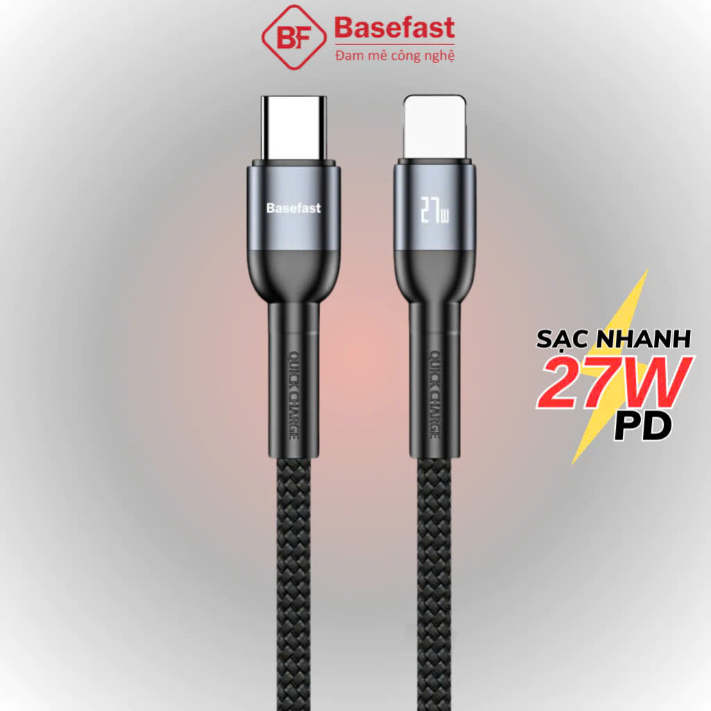 Dây sạc nhanh 20W Basefast cáp PD27W dài 1m 2m bọc dù siêu bền cho Phone xs 12 11 13 14 pro max