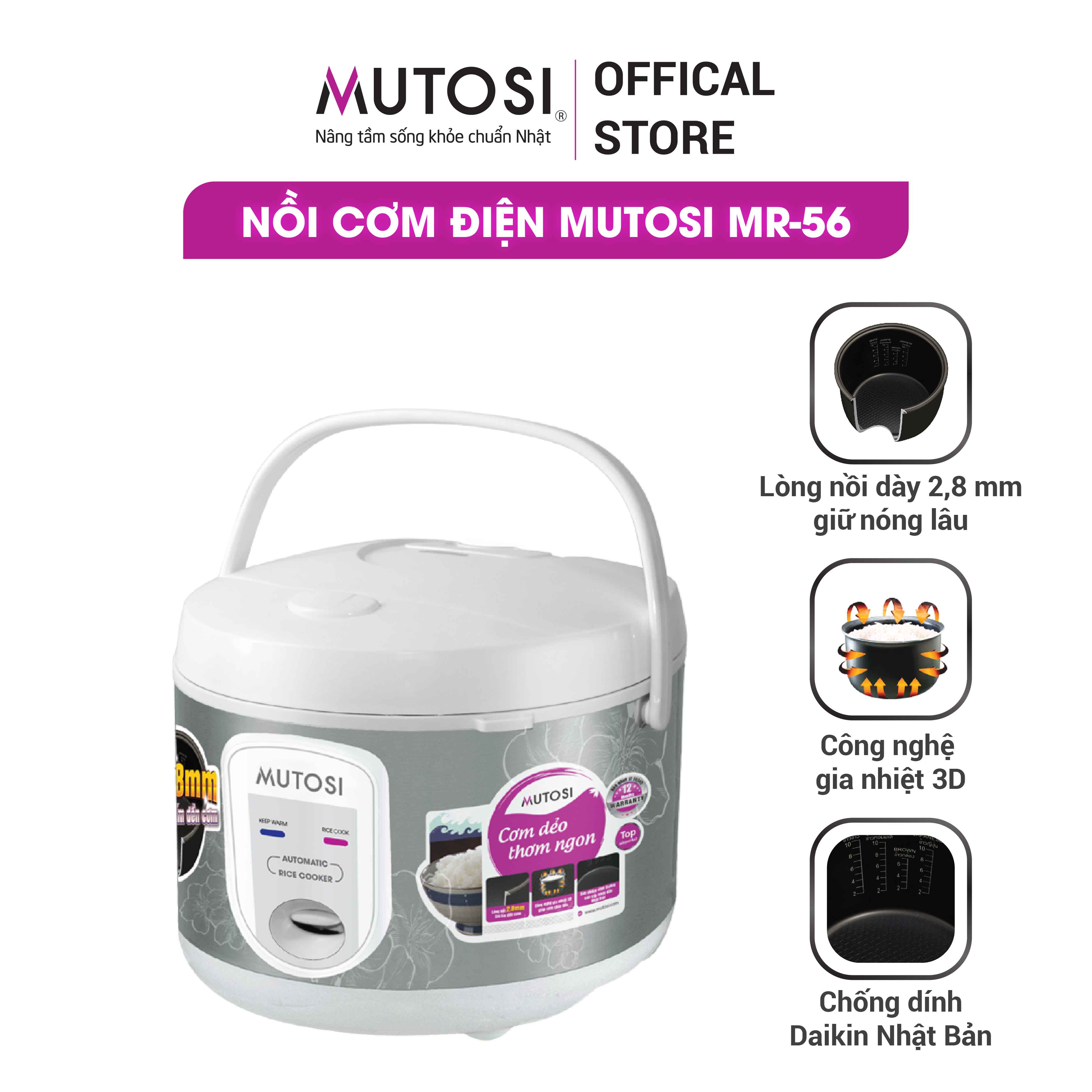 Nồi cơm điện Mutosi MR-56 1.8L, công nghệ gia nhiệt 3D giúp cơm chín đều, bảo hành 24 tháng