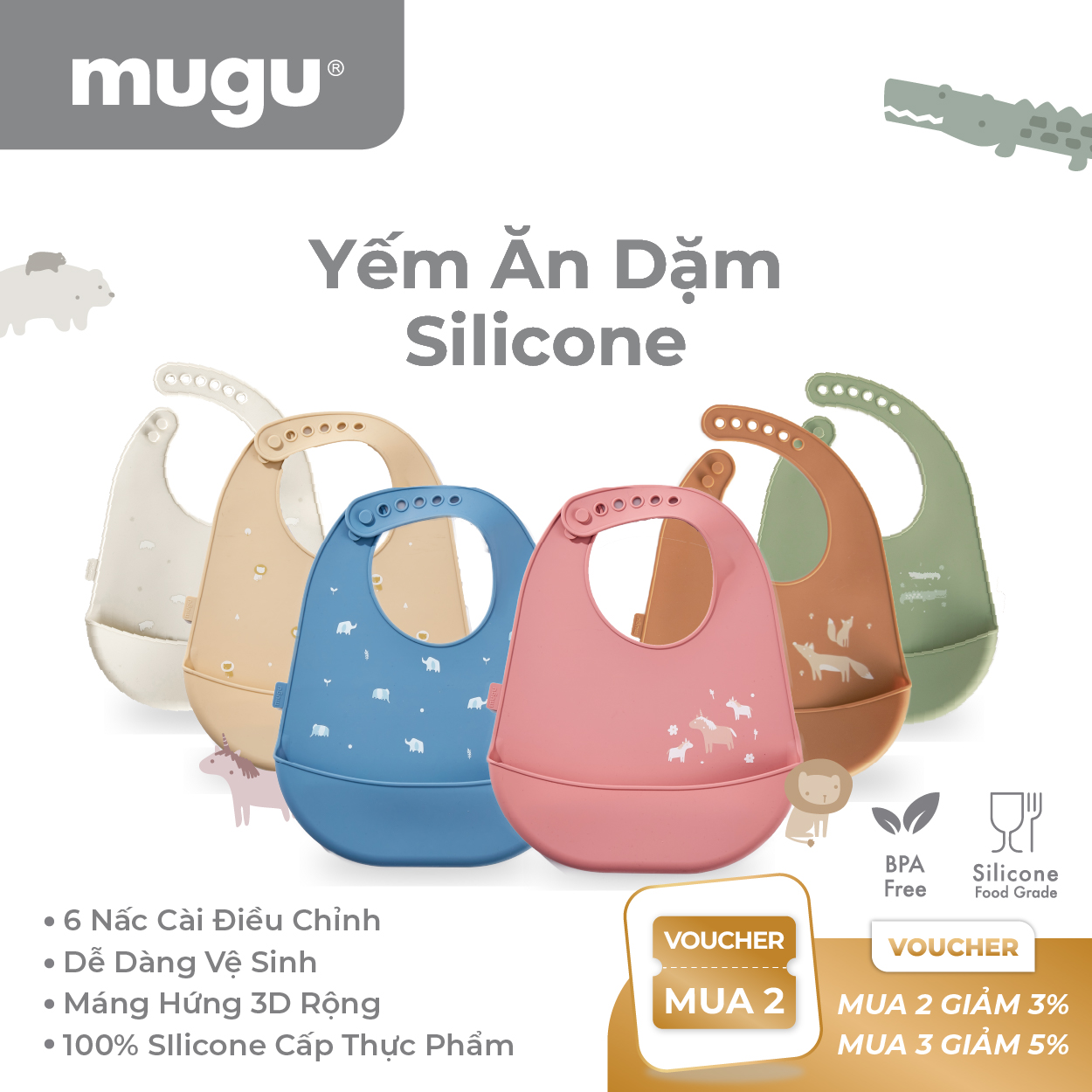[CHÍNH HÃNG] Yếm Silicone mugu Ăn Dặm Cho Bé Cao Cấp Chống Thấm Nước Mềm Mại Sắc Màu, Nhỏ Gọn 6 Nấc Cài, Máng Hứng 3D Sâu Rộng MGBI2101