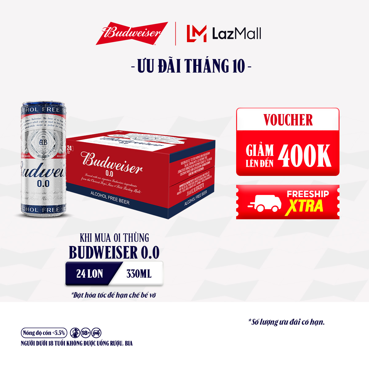 [MỚI] Thùng 24 Lon Bia Budweiser Không Độ Cồn Chính Hãng (330ml/ lon)