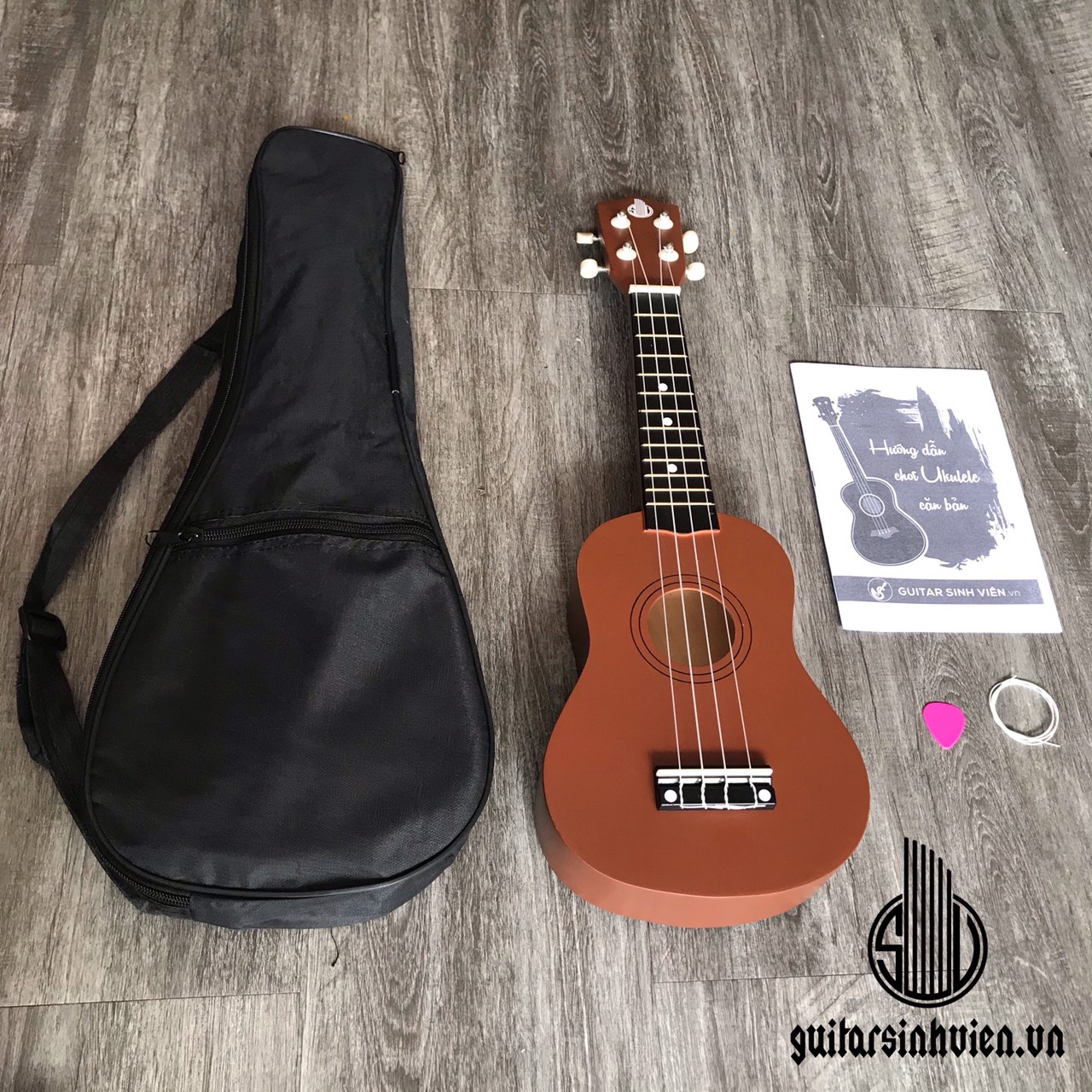 Đàn Ukulele màu nâu soprano size 21inch - tặng kèm bao dù, phím gảy, sách học và 3 sticker trang trí - bảo hành 6 tháng