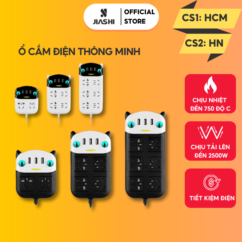 Ổ Cắm Điện Đa Năng Dán Tường Hình Mèo Cute , 3 Cổng USB, 6 ổ cắm Chống Giật Thông Minh Dây Dài 1.8m OCD02