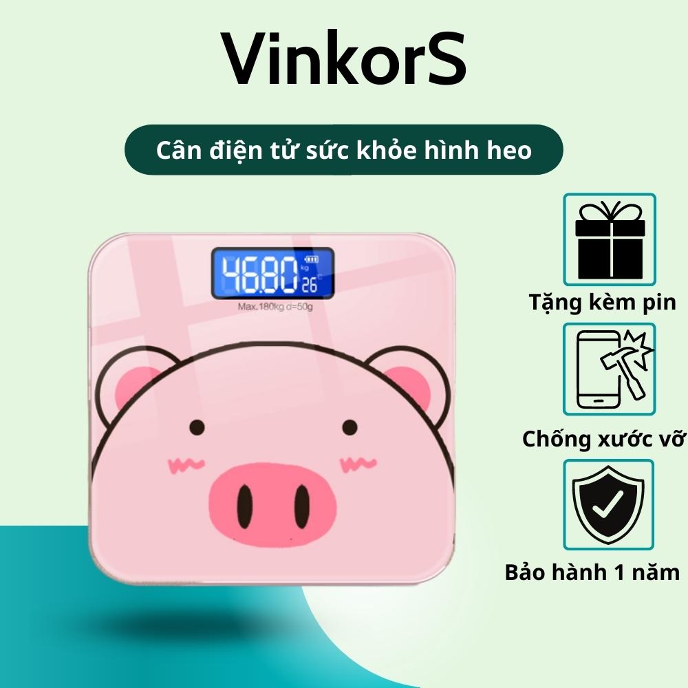 Cân điện tử sức khỏe chính hãng hình heo màn hình LCD hiển thị nhiệt độ mặt kính cường lực- VinkorS
