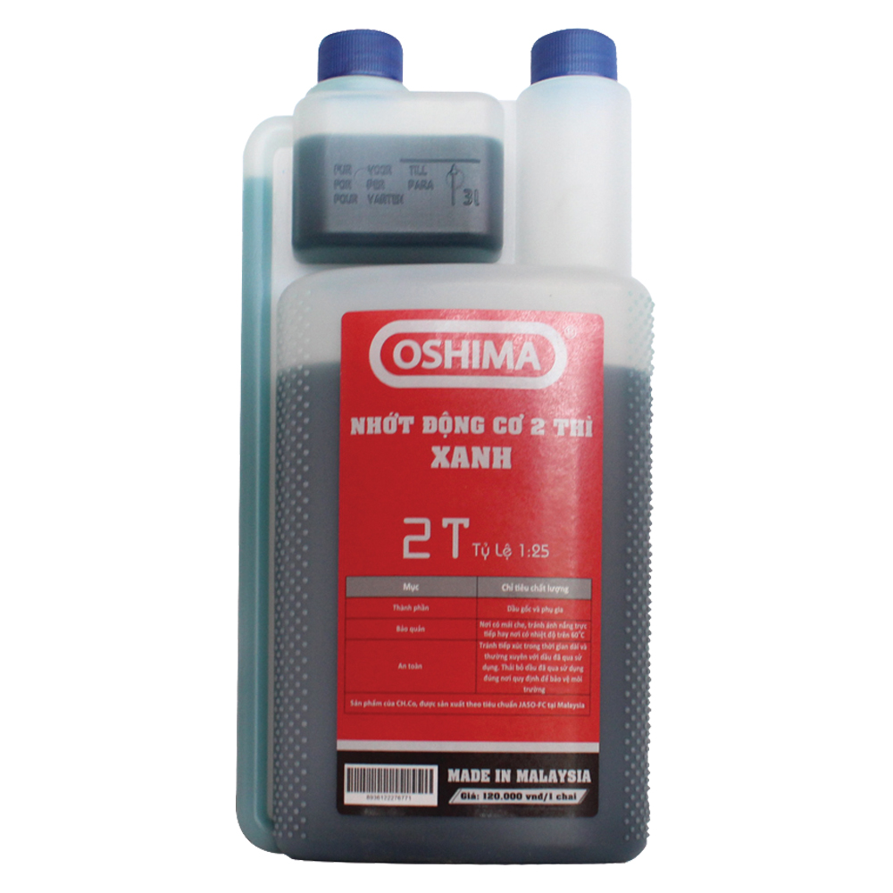 Nhớt Oshima chai 1 lít cho động cơ nổ, máy cắt cỏ, đầu kéo 2 thì (Xanh, đỏ)