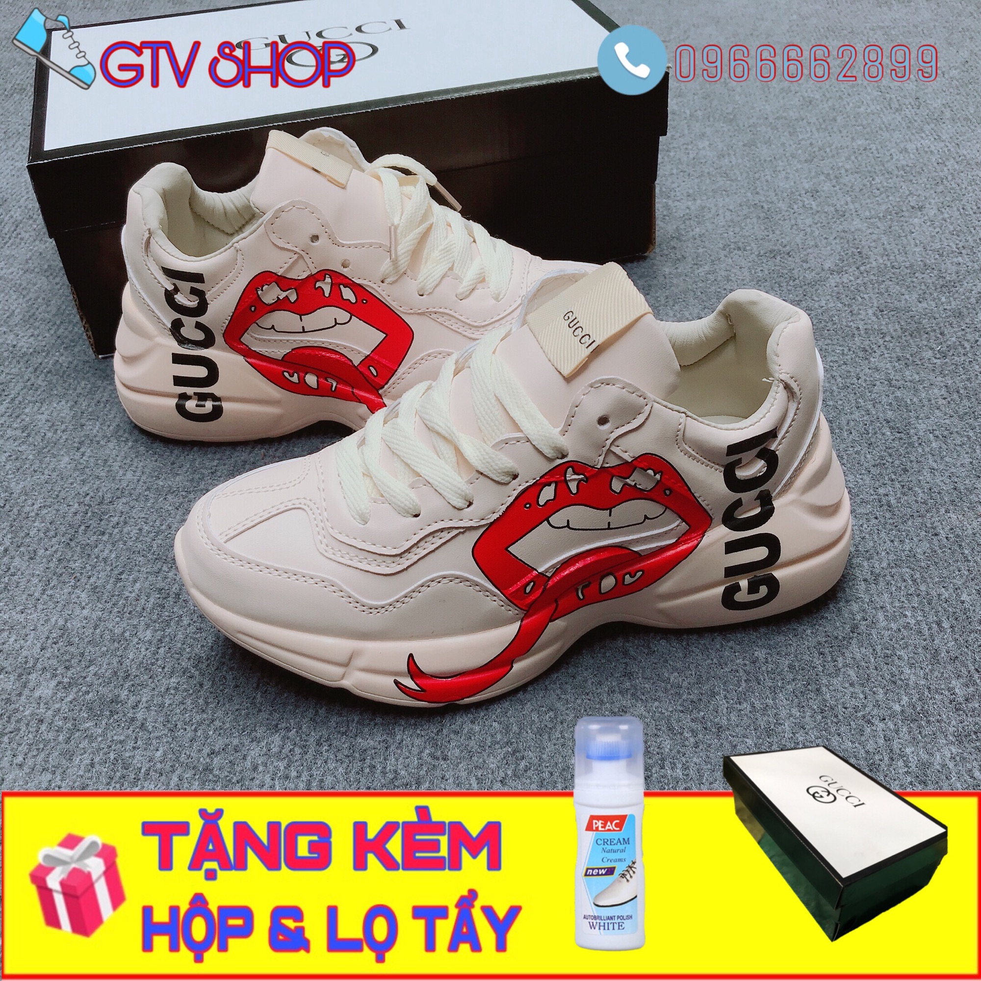 Tặng hộp và Lọ vệ sinh giày - Giày thể thao nam nữ Gucci chunky in hình môi, size 36 đến 43.