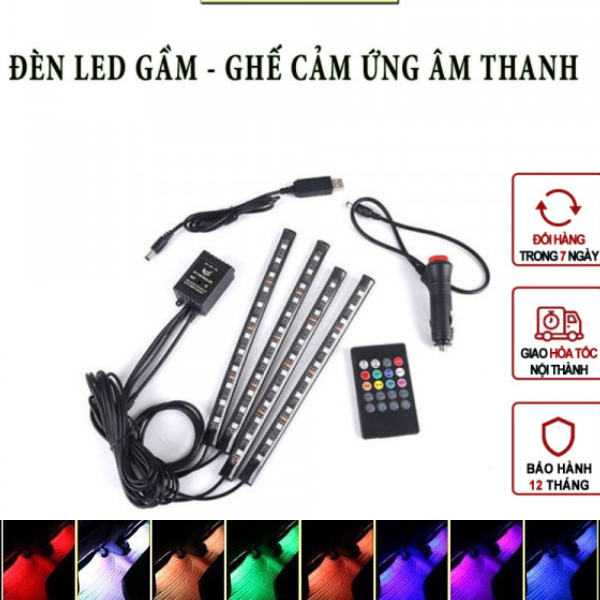 Đèn Led chiếu sàn gầm ghế trang trí xe ô tô xe hơi 8 màu điều khiển từ xa bằng Remote mỗi Led dài 22cm