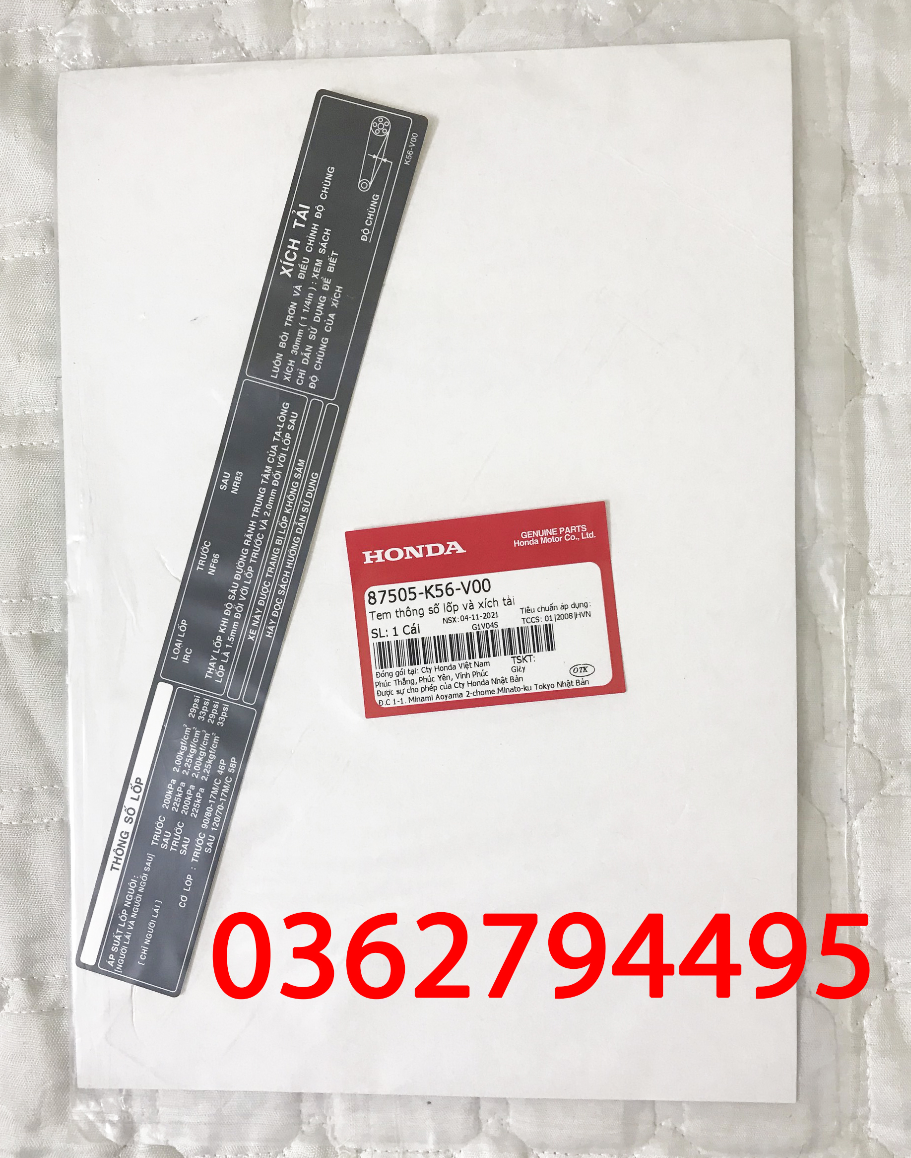 Tem thông số lốp và xích tải xe Winner v1/Winner X/Winner V3 Zin chính hãng Honda