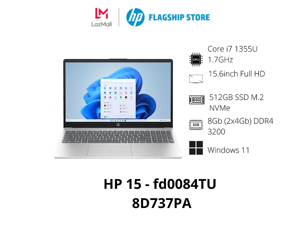 [Voucher 15% tối đa 2tr5 từ 10.10-17.10]Laptop HP 15 fd0084TU 8D737PA (Core i7 1355U/ 8GB/ 512GB SSD/ Intel Iris Xe Graphics/ 15.6inch Full HD/ Windows 11 Home/ Bạc/ Vỏ nhựa) - Hàng Chính Hãng