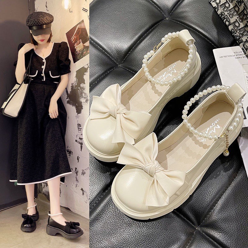 Giày lolita nữ quai ngọc mũi nơ, giày búp bê nữ phong cách hàn quốc