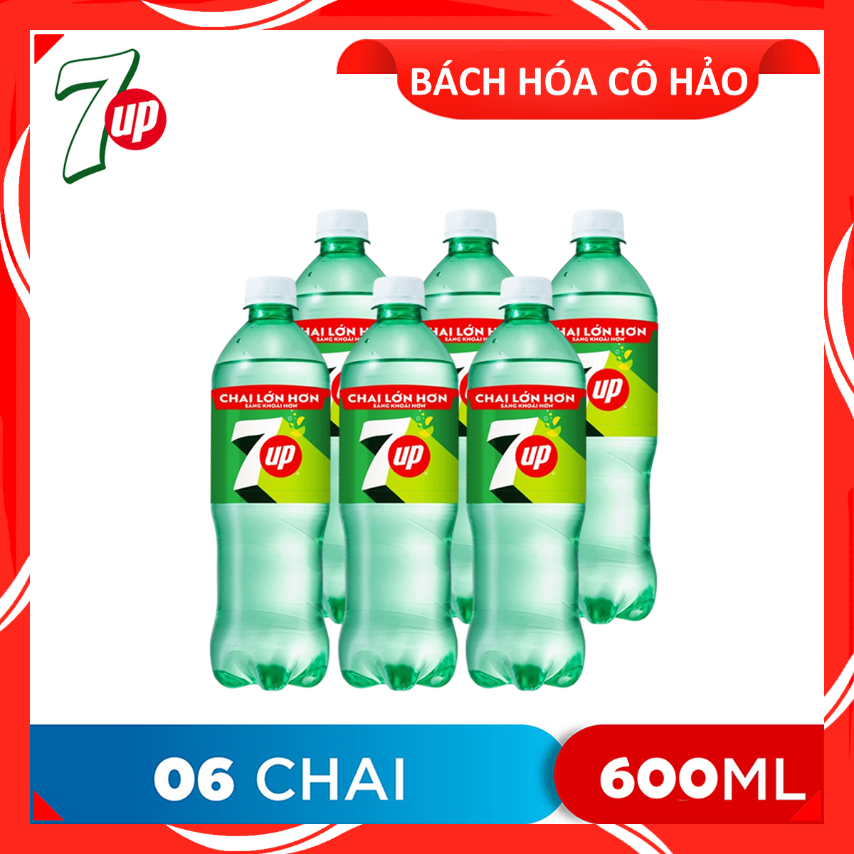 LỐC 6 CHAI NƯỚC GIẢI KHÁT HƯƠNG CHANH 7UP 600ML