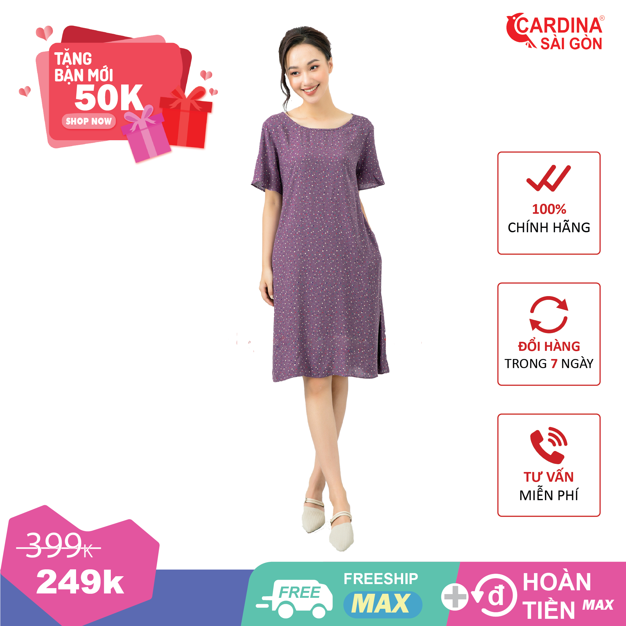 Váy nữ dài qua gối Cardina Sài Gòn chất liệu lanh nhung cao cấp co giãn nhẹ thoáng mát họa tiết hoa nhí trẻ trung điệu đà phù hợp đi chơi đi biển mã V7