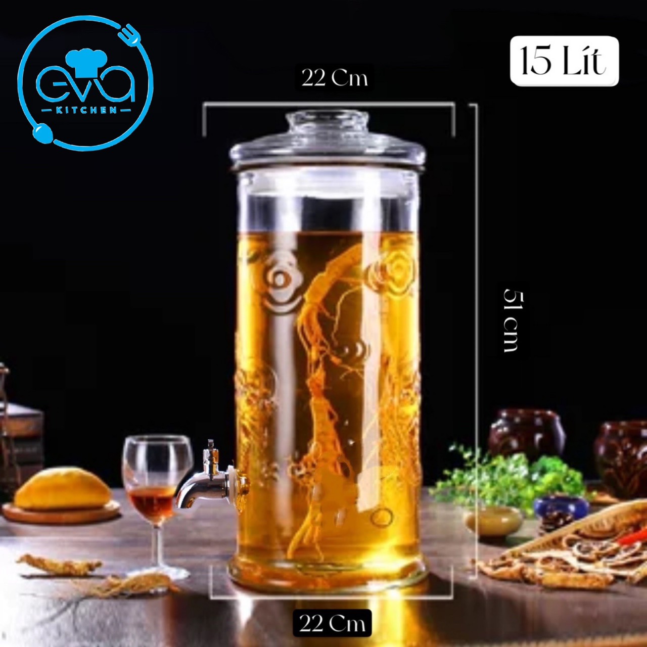 Bình ngâm thuỷ tinh 15 lít có van dáng trụ hoa văn rồng - tr15lv