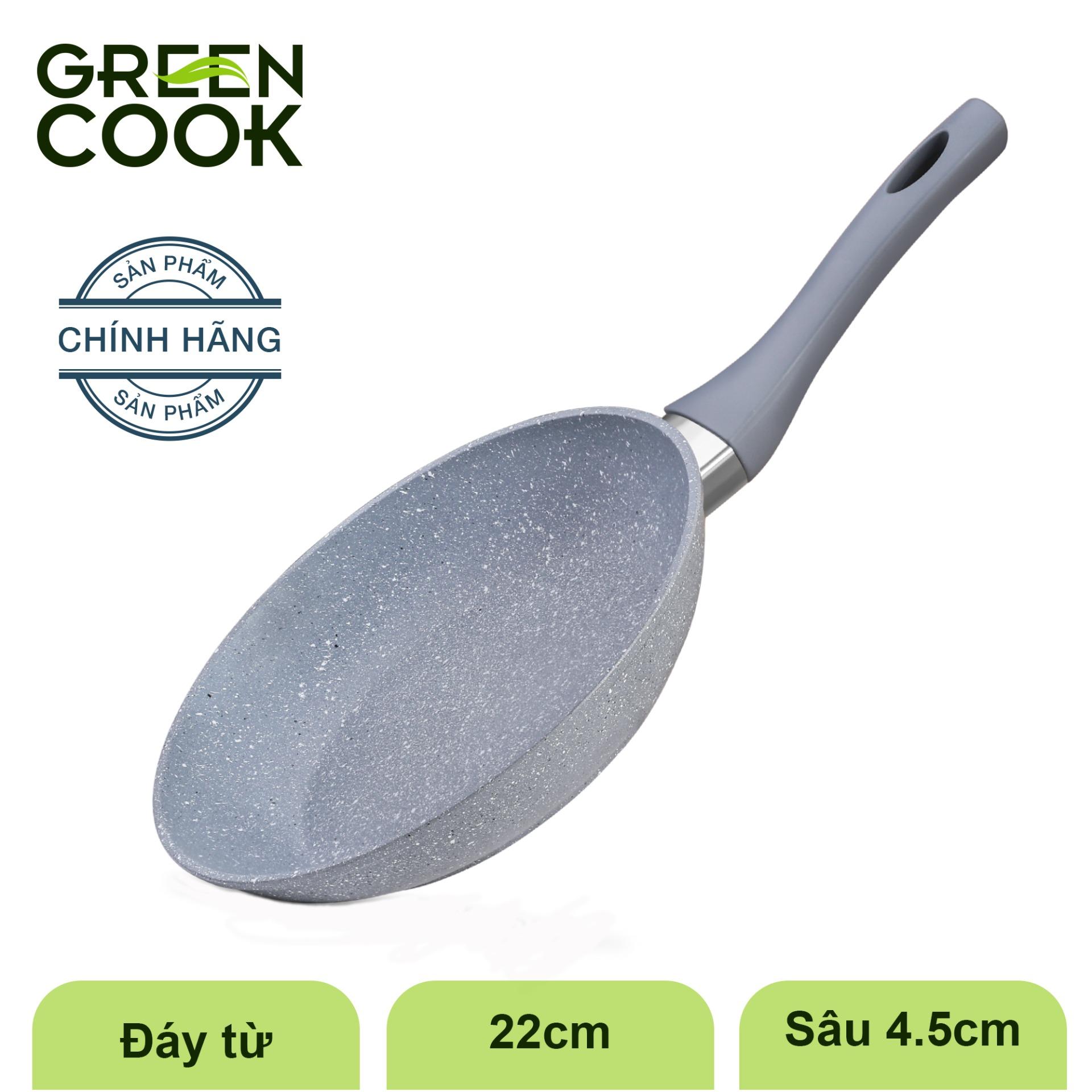 Chảo đáy từ vân đá chống dính GREEN COOK 22cm tay cầm chịu nhiệt - Hàng chính hãng greencook