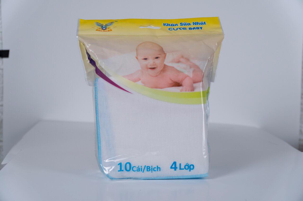 Khăn sữa nhật 4 lớp cute baby, 10 cái/gói, kích thước 25x27 cm, siiêu thấm, mềm mịn, khăn gạc 4 lớp