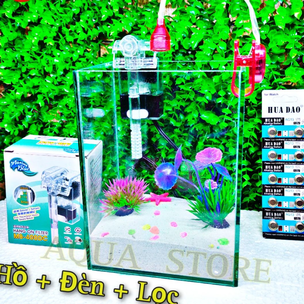 Bể cá mini - hồ cá cao 20 dài 15 rộng 12 + lọc+ đèn pin tặng trang trí