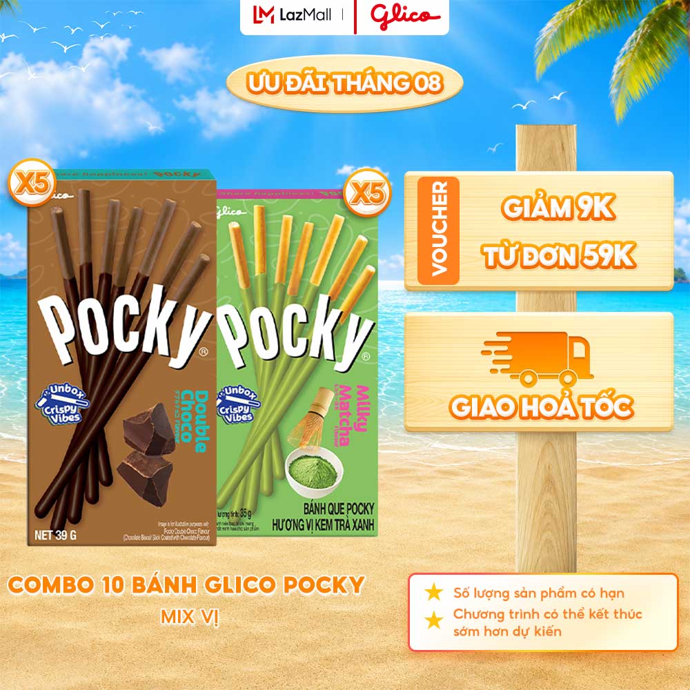 Combo 10 Hộp Bánh Que Phủ Kem Mix 2 Vị Nhân Đôi Socola  Matcha Glico Pocky Happy Set J (5 Double Choco 5 Matcha)