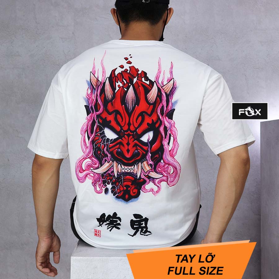 [HCM]Áo thun tay lỡ THE FOX dáng Unisex form rộng phong cách Ulzzang hình Quỷ đỏ Oni Nhật Bản full size Màu Trắng