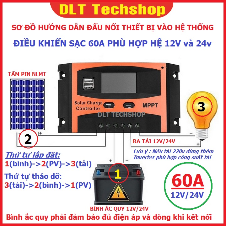 (Tặng bút điện Stanley chính hãng) Điều Khiển Tấm Pin Năng Lượng Mặt Trời 60A 720W 12V-24V 2 cổng USB 5v-2A-60A-2020