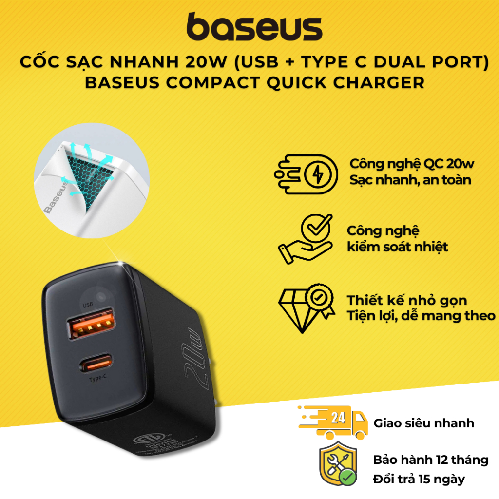 Cốc sạc nhanh siêu nhỏ gọn Baseus Compact Quick Charger 20W
