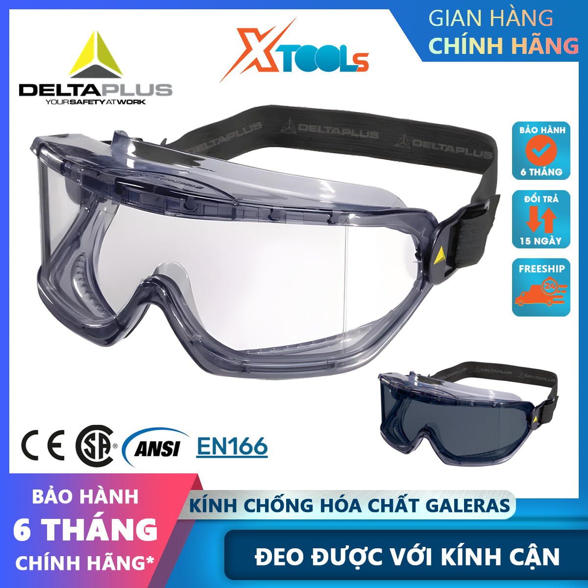 Kính bảo hộ chống hóa chất Deltaplus Galeras Mắt kính chống bụi, chống đọng sương, ôm theo dáng mặt, đeo được kính cận