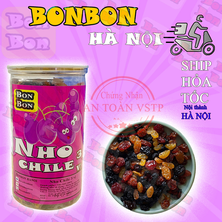 Nho sấy ChiLe 3 Vị 500g BONBON Đồ ăn vặt Hà Nội vừa ngon,vừa rẻ, ( Nho vàng, nho đen, nho đỏ ) Bonbon