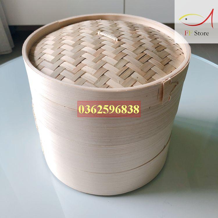 Bộ xửng tre  hấp bánh bao, há cảo 3 ngăn / 3 đáy và 1 nắp đường kính 25cm