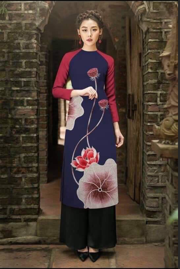 áo dài cách tân in hoa sen cao cấp - KHÔNG KÈM QUẦN