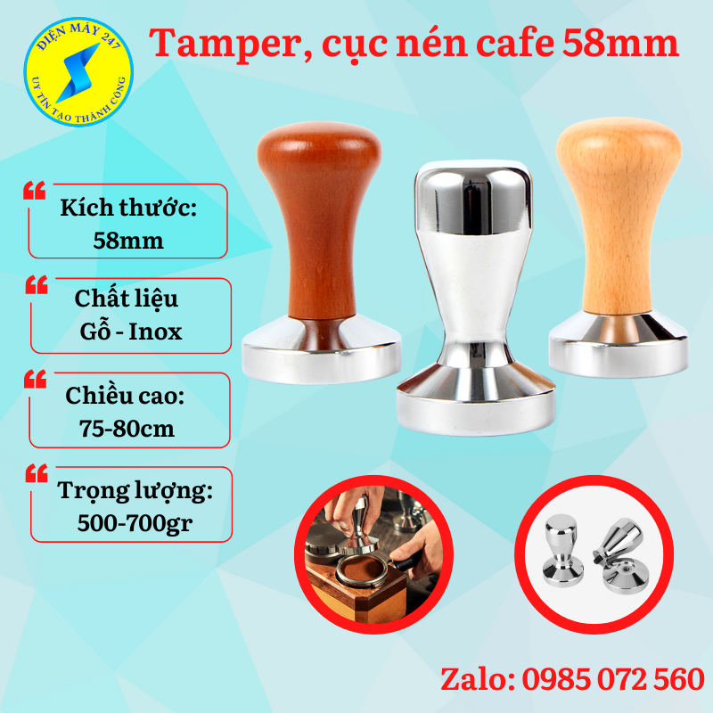 Tamper 58mm, cục nén cà phê 58mm, tamper nén cafe cán inox, gỗ, nhựa