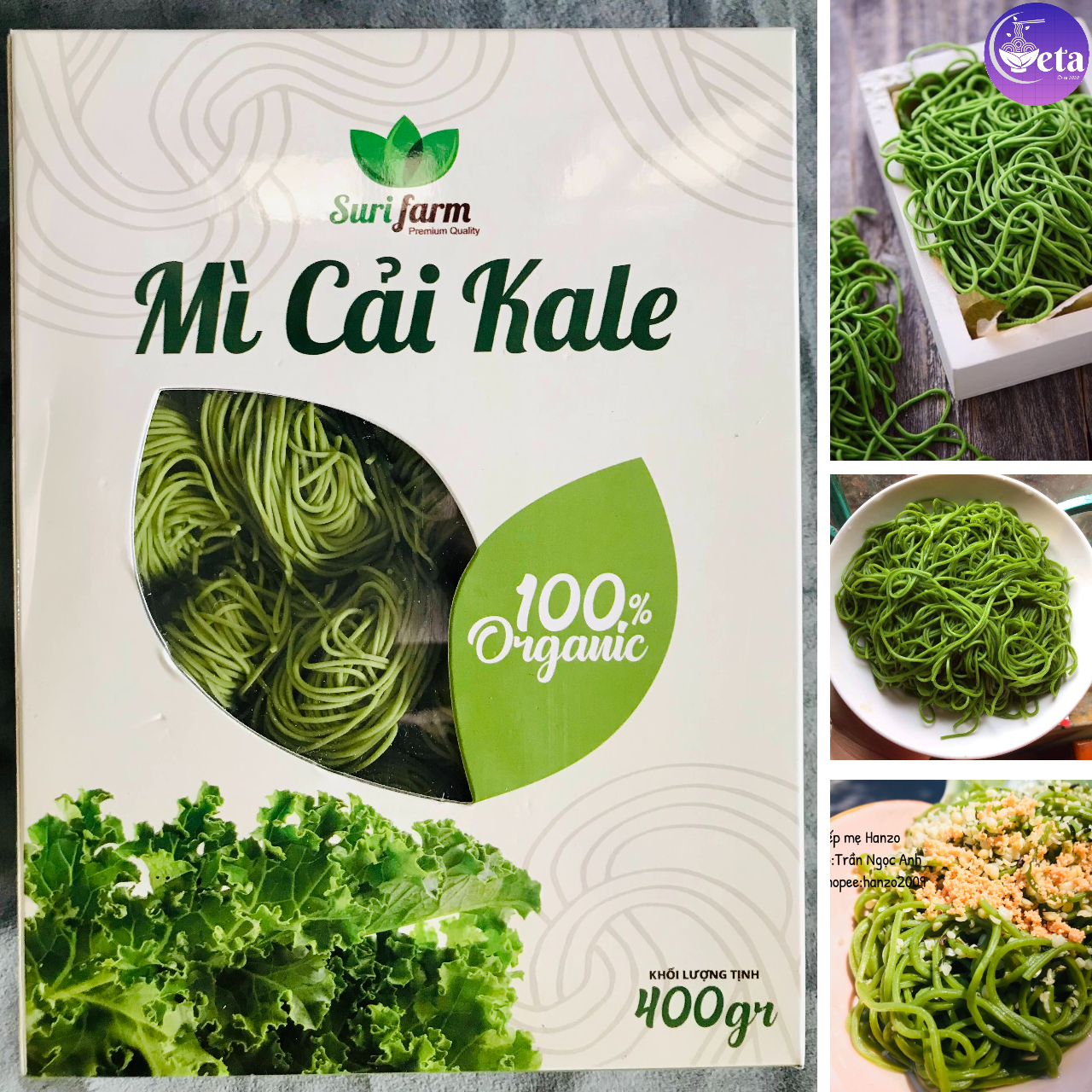 Mì cải Kale hữu cơ SuriFarm 400g/hộp 15 vắt, mì ăn dặm organic không nóng - thực dưỡng, eatclean, mì không chiên - hcm, đồng nai