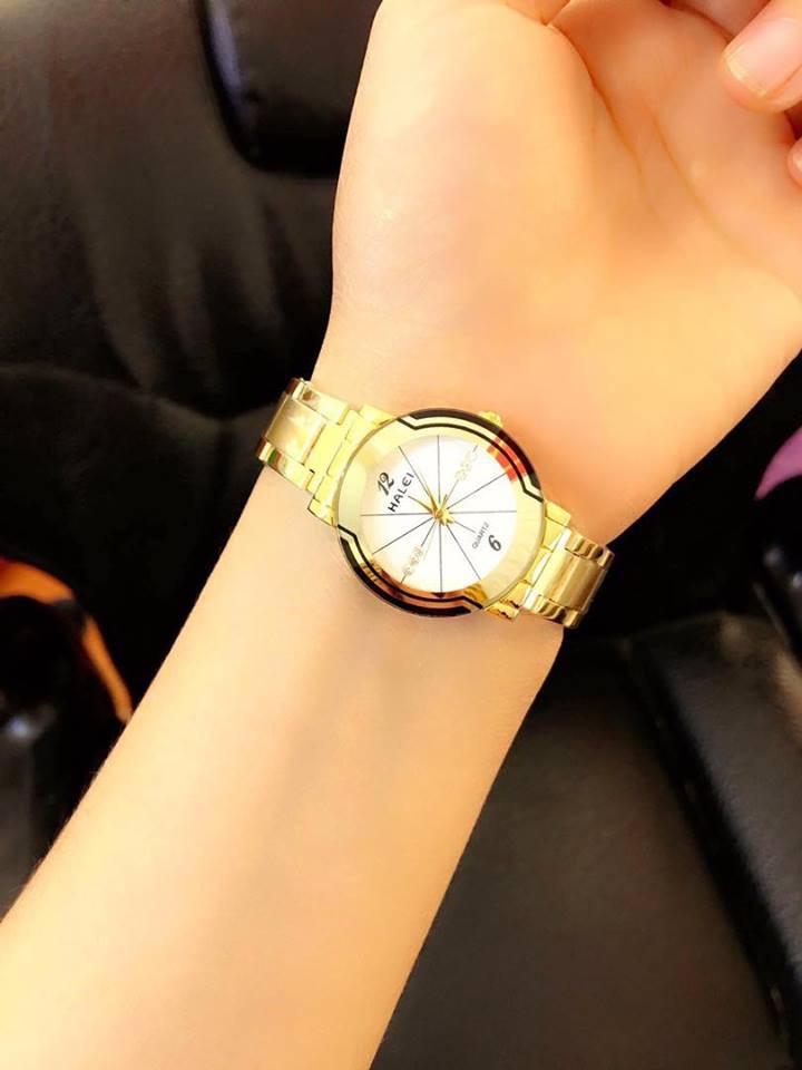 đồng hồ nữ halei dây vàng mặt trắng đính đá đẹp lung ling