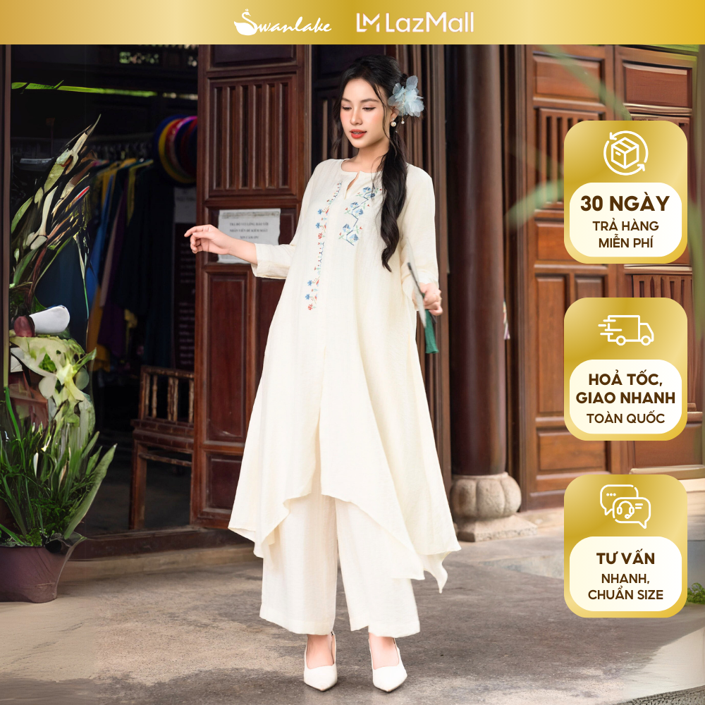 SWANLAKE | Set Bộ Kiểu Phom Áo Dài Quần Suông Lưng Thun Vải Tơ Linen Thêu Hoạ Tiết Đi Chơi - B12041