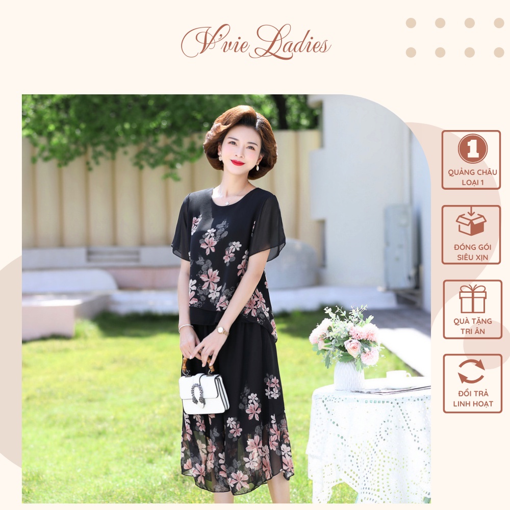 Đồ bộ nữ trung niên - Voan lụa Hàng Châu 2 lớp, Áo tay ngắn Quần giả váy V'vie Ladies #C1