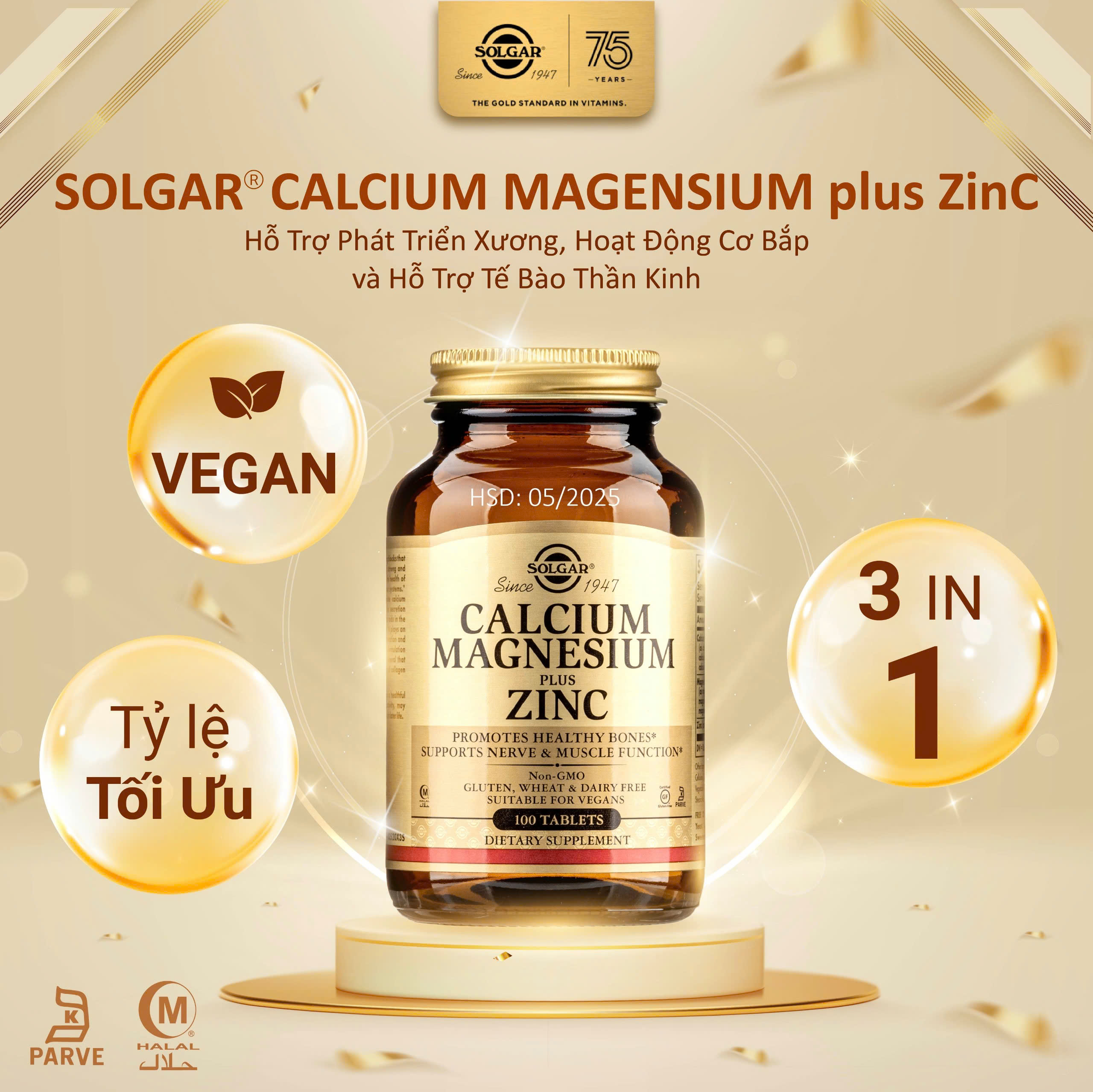 Viên Uống Solgar Calcium Magnesium Plus Zinc -  Hỗ Trợ Phát Triển Xương, Hoạt Động Cơ Bắp, Hỗ Trợ Tế Bào Thần Kinh [Lọ 100 Viên- HSD: 02/2027]