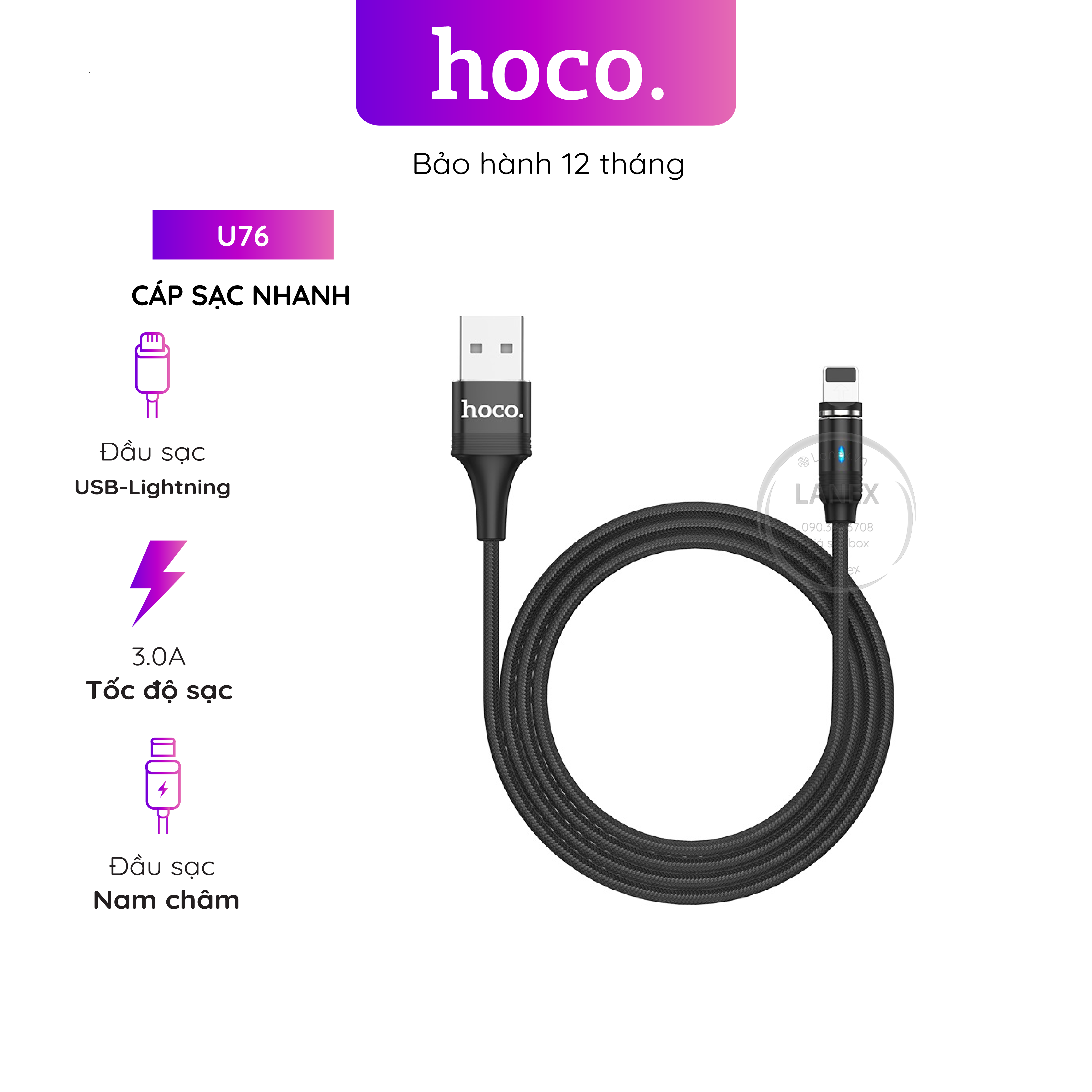 Cáp sạc nhanh hoco u76 dây dù nam châm lightning 3.0a dài 1.2m