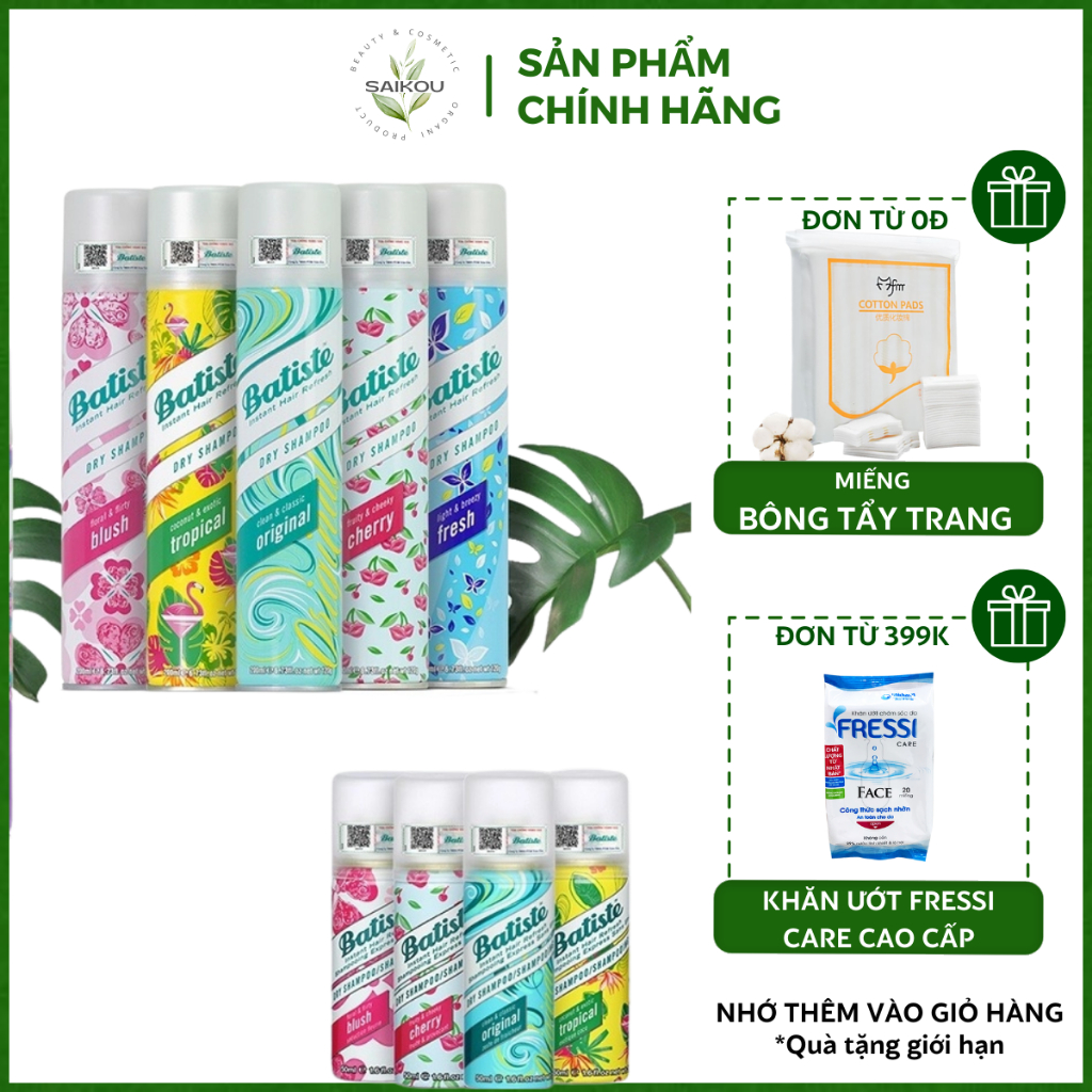 Dầu gội khô batiste dry shampoo 200ml hết ngứa hết bết dính tóc bồng bềnh tức thì, xịt gội khô batiste dry shampoo saiko