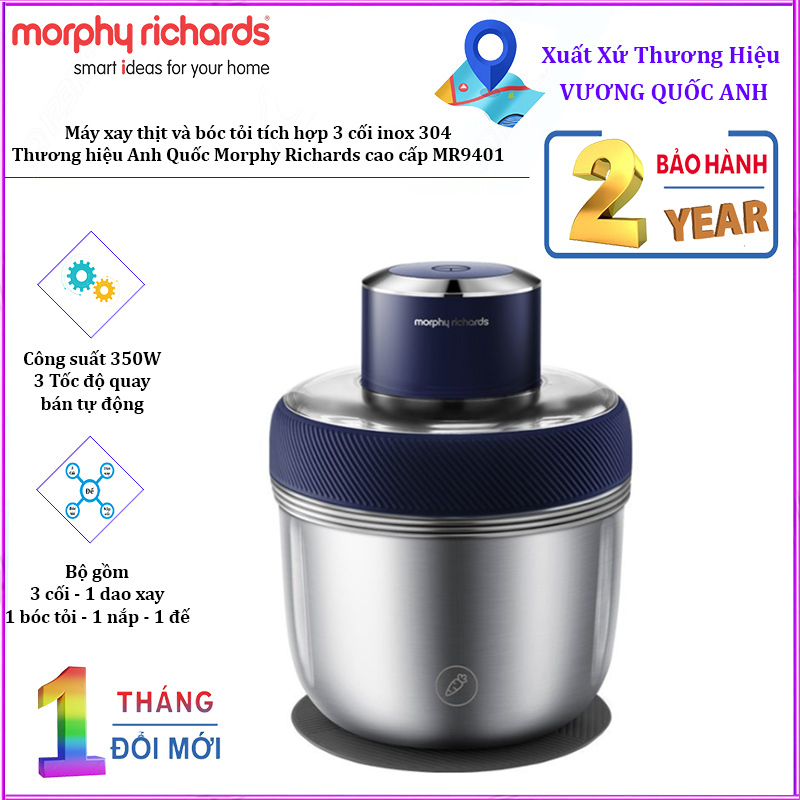 Máy xay thịt và bóc tỏi tích hợp 3 cối inox 304 thương hiệu Morphy Richards MR9401, công suất 350W, 3 tốc độ xay cơ bản, chất liệu cối inox 304 đảm bảo
