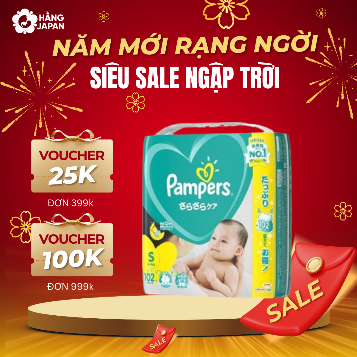 Tã Bỉm Dán/Quần Pamper Nhật Bản - NB88/S80/M66/L54-L52/M64/XL48 - Chính Hãng