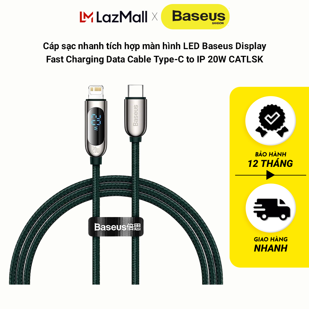 Cáp sạc nhanh tích hợp màn hình led baseus display fast charging data cable type-c to ip 20w catlsk