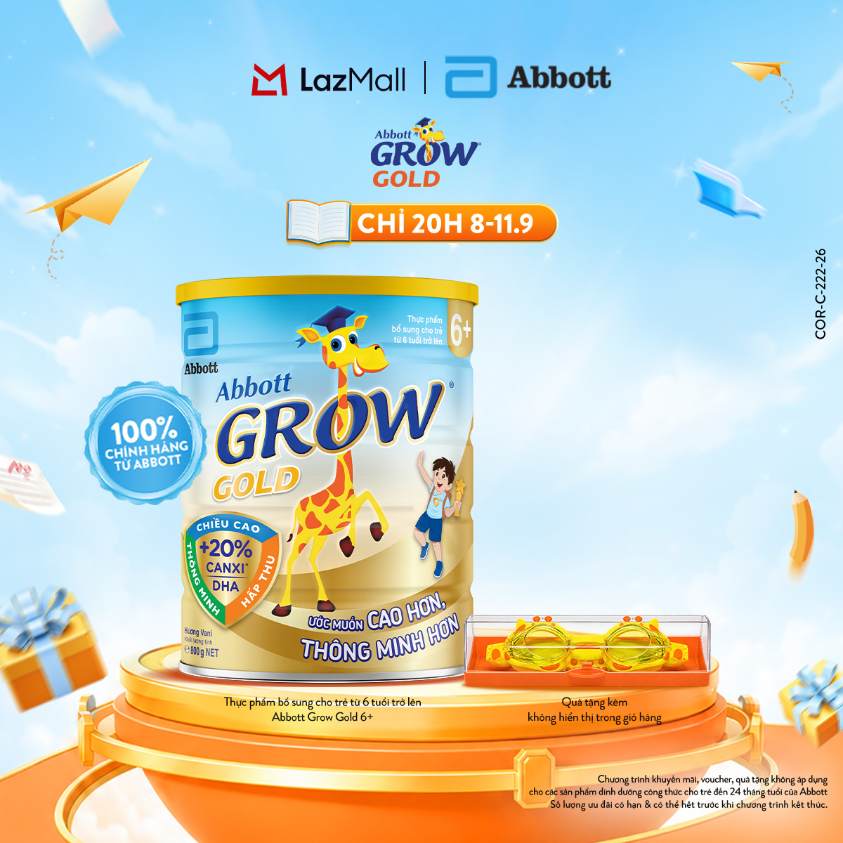 Lon sữa bột Abbott Grow Gold 6+ 800g tặng 1 Kính bơi hươu Grow