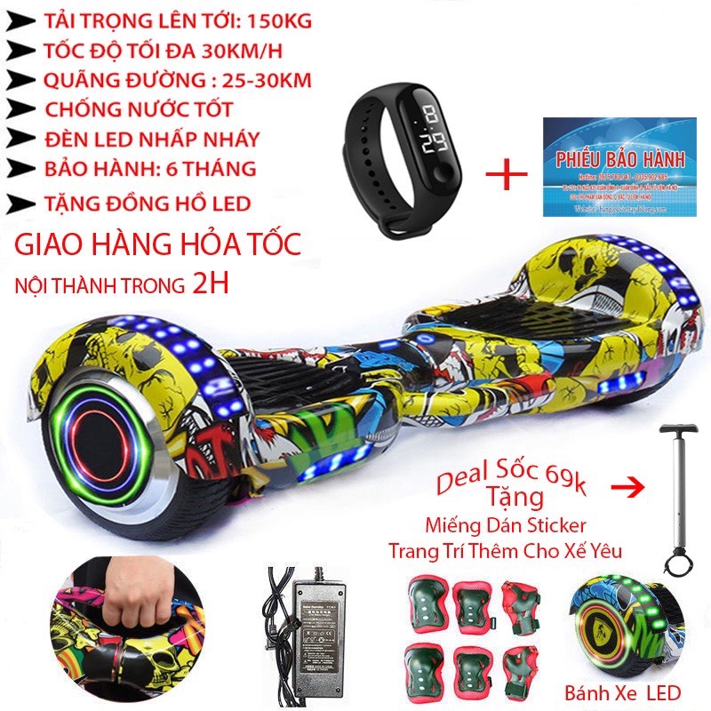 Xe cân bằng điện, xe điện cân bằng 2 bánh lớn 6.5 inch - nhạc - bluetooth tặng miếng bảo vệ + đồng hồ led