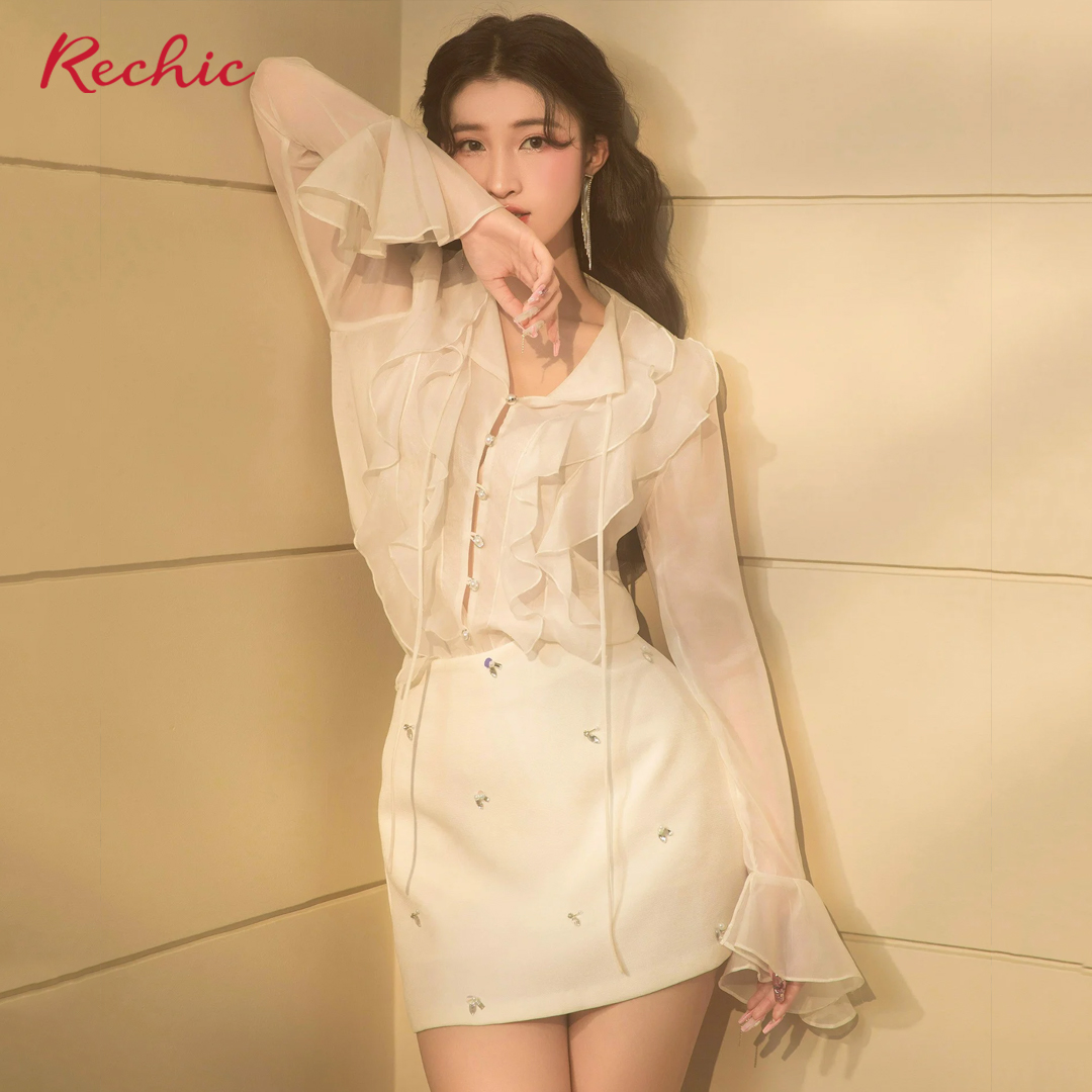 RECHIC Chân Váy Karie dáng chữ A chiết eo đính hạt họa tiết chiếc lá sang trọng