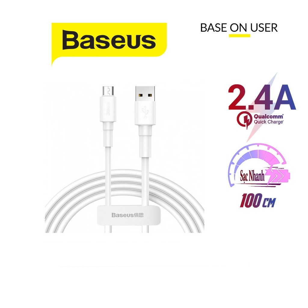 Cáp sạc nhanh 2.4A Baseus Mini White chân Micro dây TPE siêu bền hỗ trợ truyền dữ liệu dài 1M cho Android
