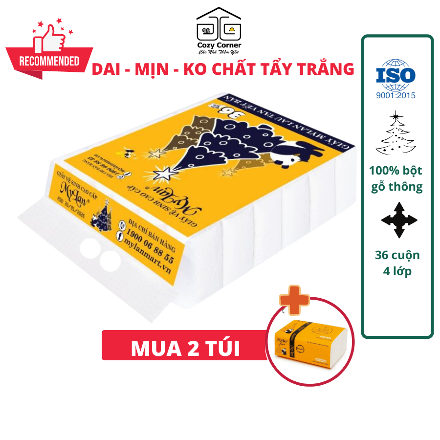 Giấy vệ sinh gấu trúc Mylan 36 cuộn không lõi, 3 lớp dai mềm, tan trong nước nhanh