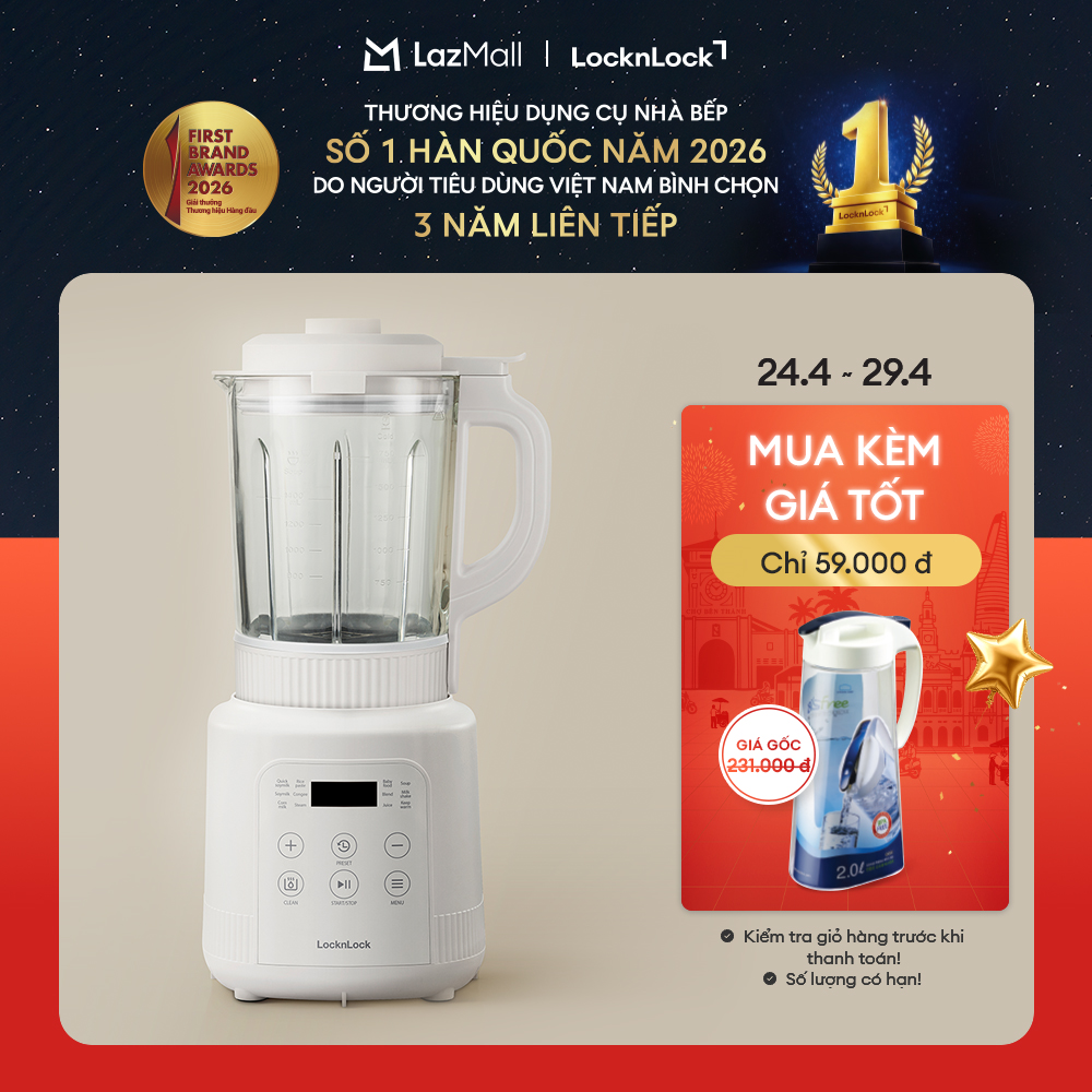 Máy làm sữa hạt đa năng LockLock Bianco heating blender 1.75L Màu ngà EJM426IVY/EJM486IVY dao 3 lớp, 5 chế độ nấu, hẹn giờ 24h