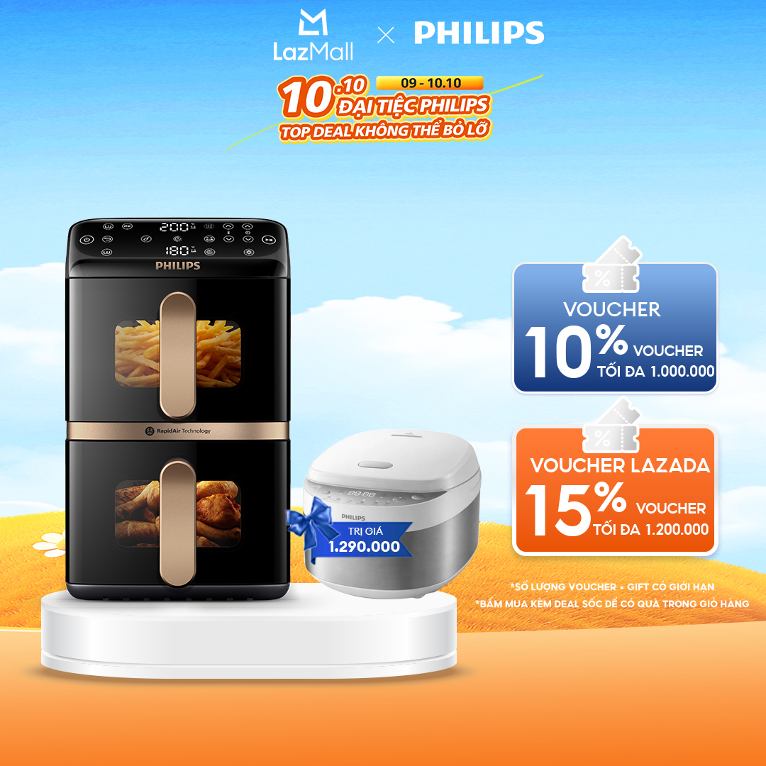 Nồi Chiên Không Dầu Philips NA462/70  Hai Giỏ Xếp Chồng | 10L - Hàng Chính Hãng